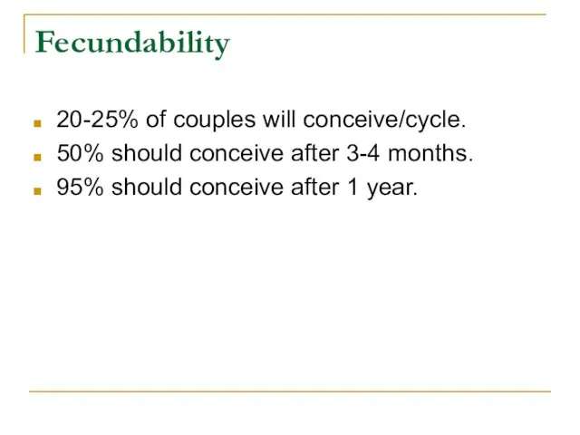 Fecundability 20-25% of couples will conceive/cycle. 50% should conceive after 3-4 months.