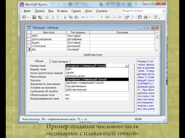 Пример создания числового поля «одинарное с плавающей точкой»