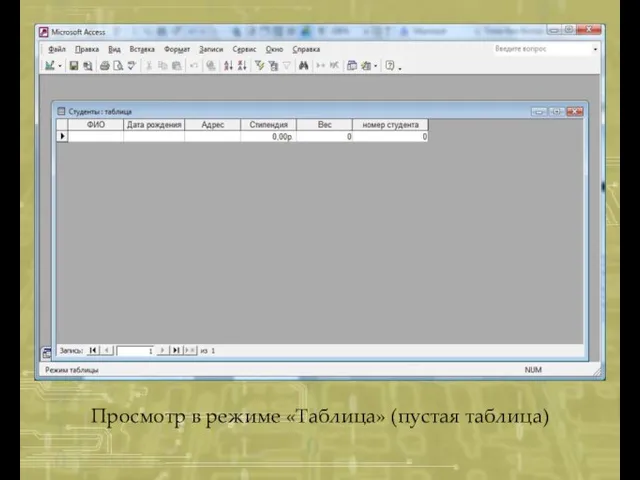 Просмотр в режиме «Таблица» (пустая таблица)