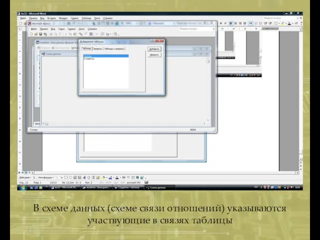 В схеме данных (схеме связи отношений) указываются участвующие в связях таблицы