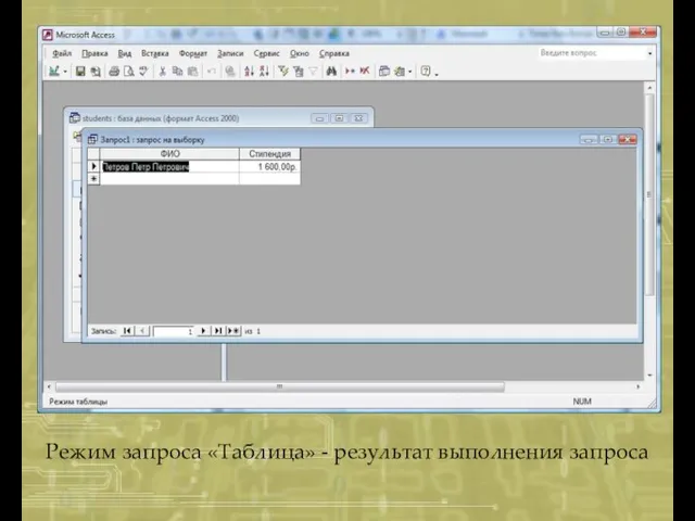 Режим запроса «Таблица» - результат выполнения запроса