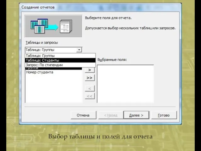 Выбор таблицы и полей для отчета