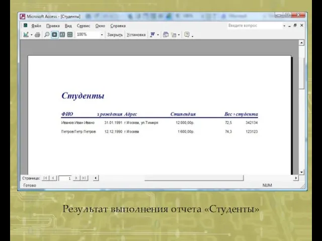 Результат выполнения отчета «Студенты»
