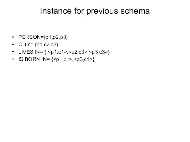 Instance for previous schema PERSON={p1,p2,p3} CITY= {c1,c2,c3} LIVES IN= { , ,