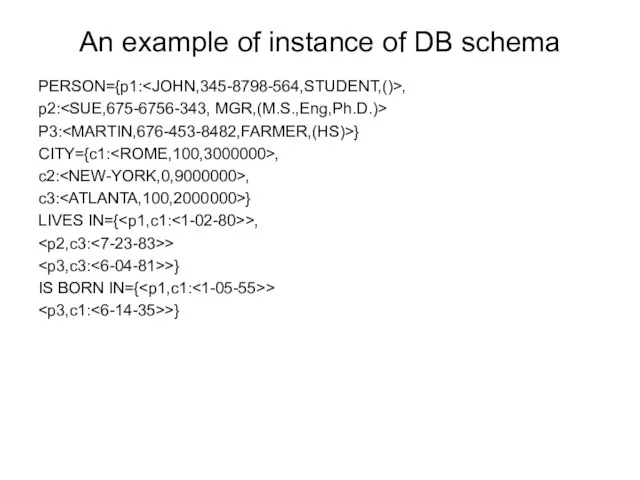 An example of instance of DB schema PERSON={p1: , p2: P3: }