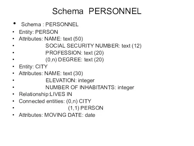 Schema PERSONNEL Schema : PERSONNEL Entity: PERSON Attributes: NAME: text (50) SOCIAL