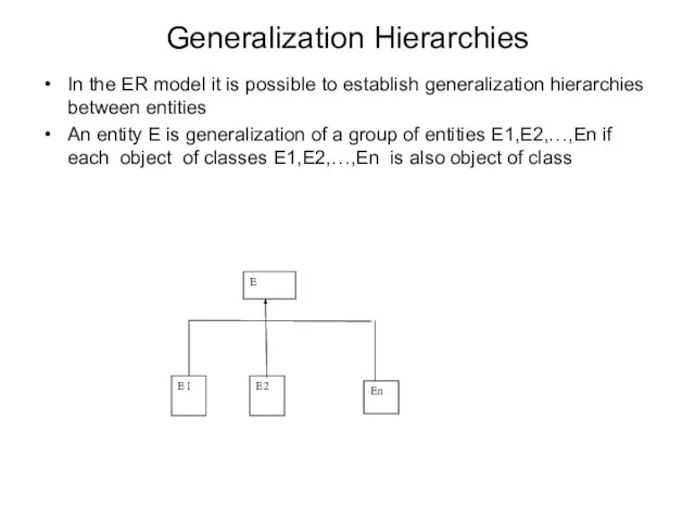 Generalization Hierarchies In the ER model it is possible to establish generalization