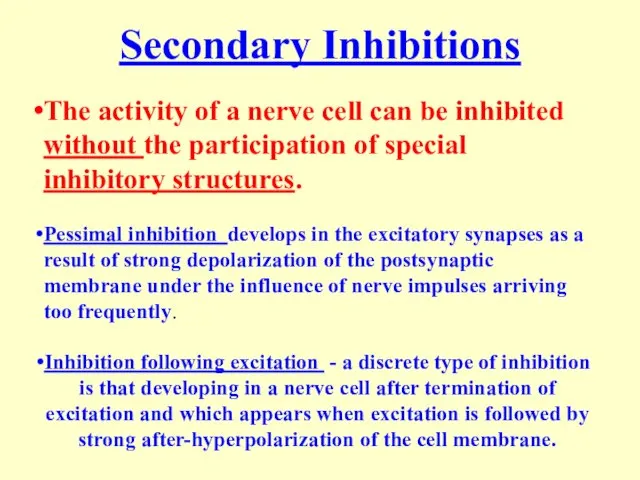 Secondary Inhibitions The activity of a nerve cell can be inhibited without