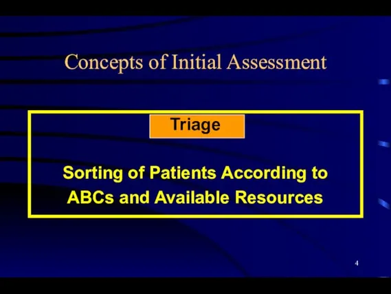 Concepts of Initial Assessment Triage Sorting of Patients According to ABCs and Available Resources