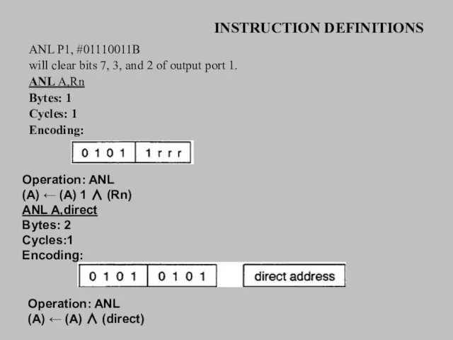 INSTRUCTION DEFINITIONS ANL P1, #01110011B will clear bits 7, 3, and 2