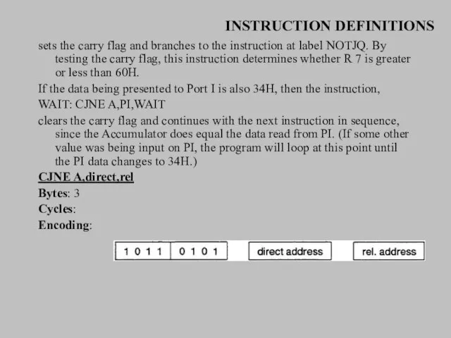 INSTRUCTION DEFINITIONS sets the carry flag and branches to the instruction at