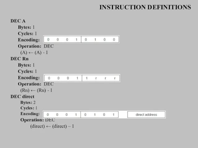 INSTRUCTION DEFINITIONS DEC A Bytes: 1 Cycles: 1 Encoding: Operation: DEC (A)