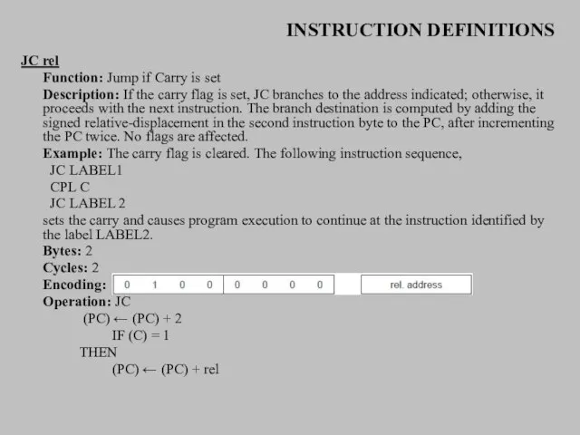 INSTRUCTION DEFINITIONS JC rel Function: Jump if Carry is set Description: If