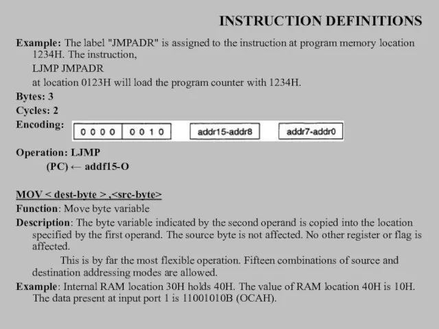 INSTRUCTION DEFINITIONS Example: The label "JMPADR" is assigned to the instruction at
