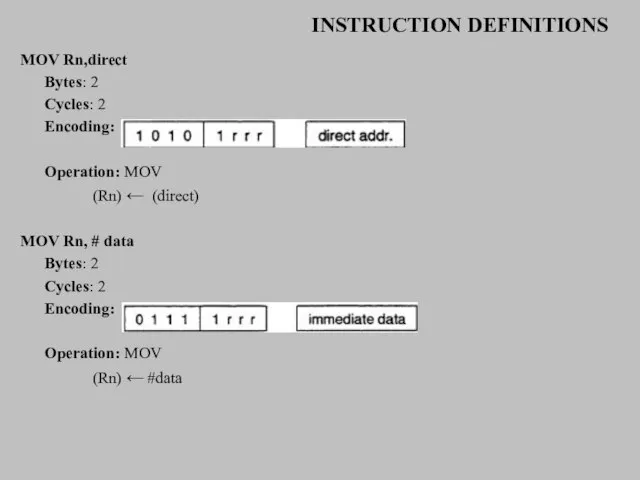 INSTRUCTION DEFINITIONS MOV Rn,direct Bytes: 2 Cycles: 2 Encoding: Operation: MOV (Rn)