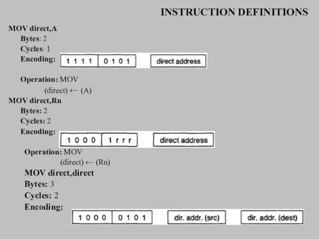 INSTRUCTION DEFINITIONS MOV direct,A Bytes: 2 Cycles: 1 Encoding: Operation: MOV (direct)