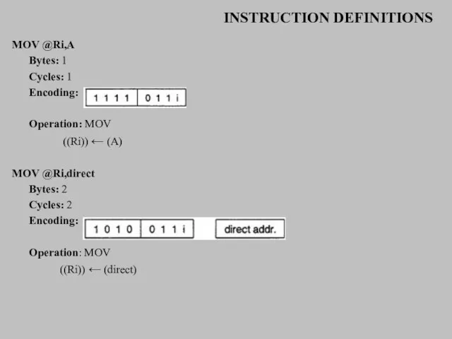 INSTRUCTION DEFINITIONS MOV @Ri,A Bytes: 1 Cycles: 1 Encoding: Operation: MOV ((Ri))