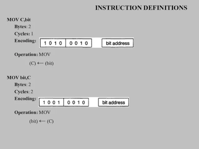 INSTRUCTION DEFINITIONS MOV C,bit Bytes: 2 Cycles: 1 Encoding: Operation: MOV (C)