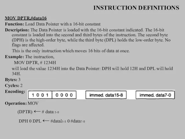 INSTRUCTION DEFINITIONS MOV DPTR,#data16 Function: Load Data Pointer with a 16-bit constant