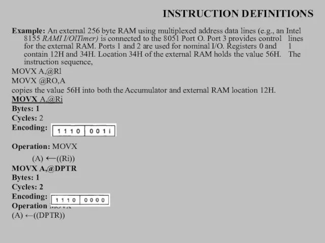 INSTRUCTION DEFINITIONS Example: An external 256 byte RAM using multiplexed address data