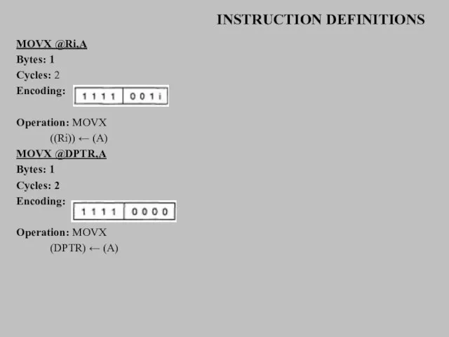 INSTRUCTION DEFINITIONS MOVX @Ri,A Bytes: 1 Cycles: 2 Encoding: Operation: MOVX ((Ri))