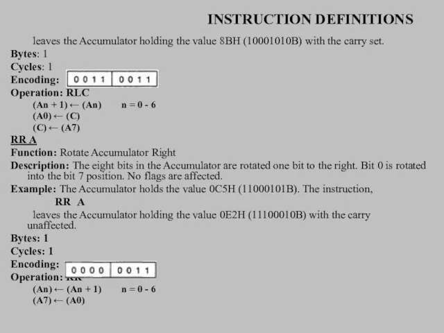 INSTRUCTION DEFINITIONS leaves the Accumulator holding the value 8BH (10001010B) with the