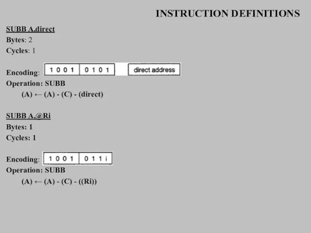 INSTRUCTION DEFINITIONS SUBB A,direct Bytes: 2 Cycles: 1 Encoding: Operation: SUBB (A)
