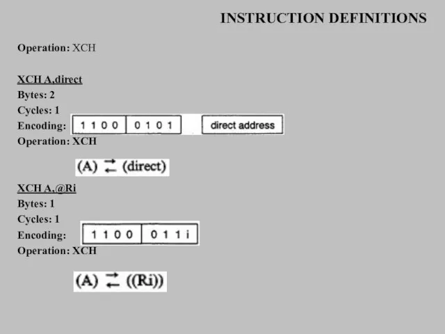 INSTRUCTION DEFINITIONS Operation: XCH XCH A,direct Bytes: 2 Cycles: 1 Encoding: Operation:
