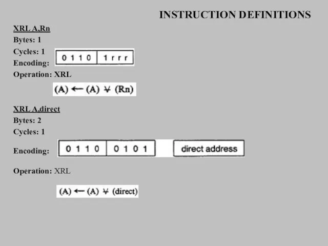 INSTRUCTION DEFINITIONS XRL A,Rn Bytes: 1 Cycles: 1 Encoding: Operation: XRL XRL