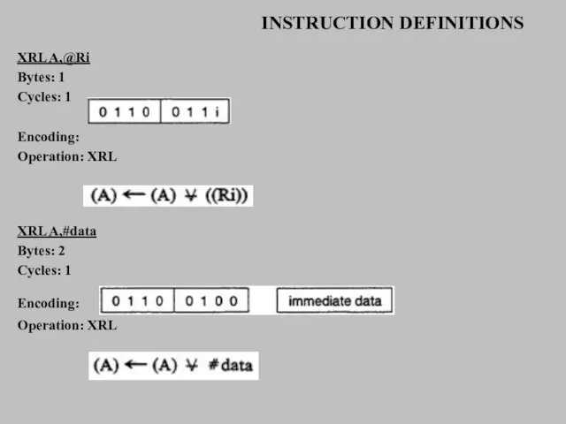 INSTRUCTION DEFINITIONS XRL A,@Ri Bytes: 1 Cycles: 1 Encoding: Operation: XRL XRL