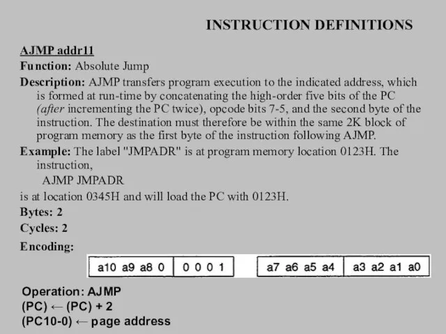 INSTRUCTION DEFINITIONS AJMP addr11 Function: Absolute Jump Description: AJMP transfers program execution