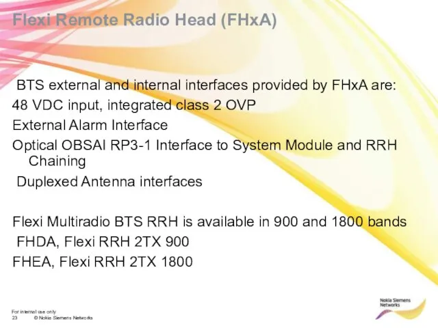 Flexi Remote Radio Head (FHxA) BTS external and internal interfaces provided by