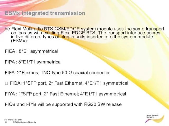 ESMx integrated transmission he Flexi Multiradio BTS GSM/EDGE system module uses the