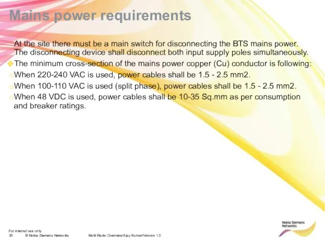 Mains power requirements Multi Radio Overview/Ajay Kumar/Version 1.0 At the site there