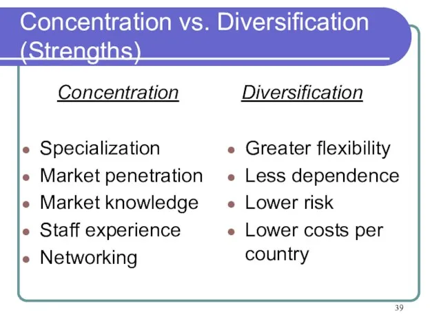 Concentration vs. Diversification (Strengths) Specialization Market penetration Market knowledge Staff experience Networking