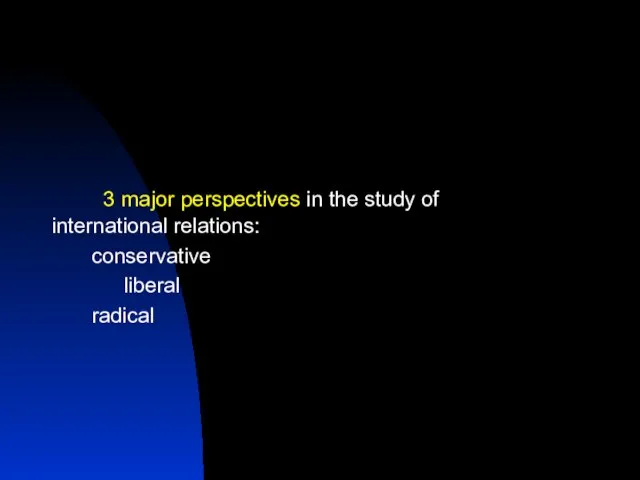 3 major perspectives in the study of international relations: conservative liberal radical