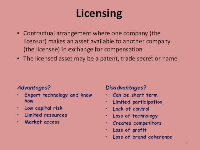 Licensing Contractual arrangement where one company (the licensor) makes an asset available