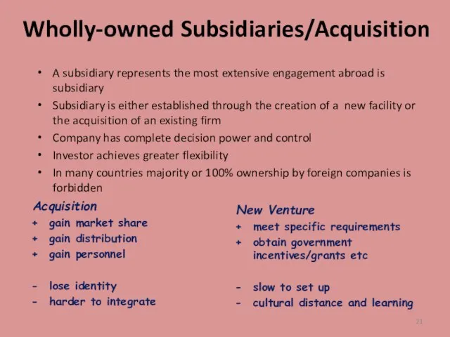 Wholly-owned Subsidiaries/Acquisition A subsidiary represents the most extensive engagement abroad is subsidiary