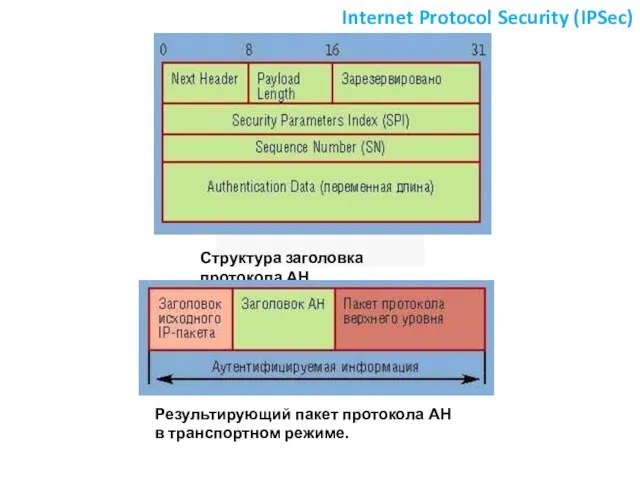 Internet Protocol Security (IPSec) Структура заголовка протокола АН. Результирующий пакет протокола АН в транспортном режиме.