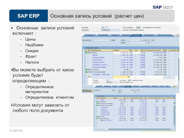 Основная запись условий (расчет цен) Основные записи условий включают : Цены Надбавки