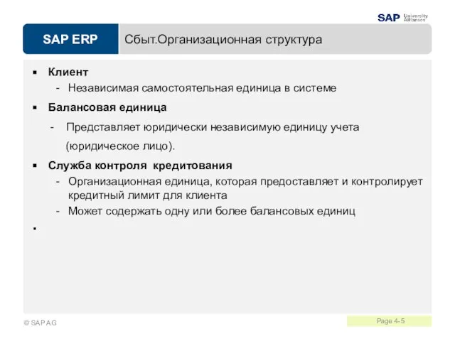 Сбыт.Организационная структура Клиент Независимая самостоятельная единица в системе Балансовая единица - Представляет