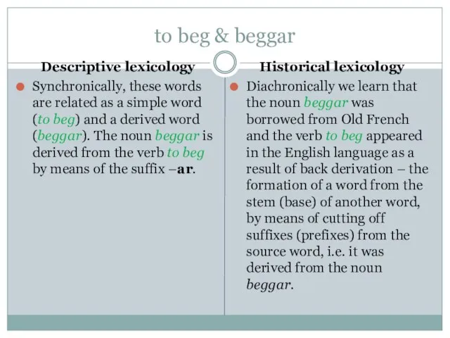 to beg & beggar Descriptive lexicology Synchronically, these words are related as