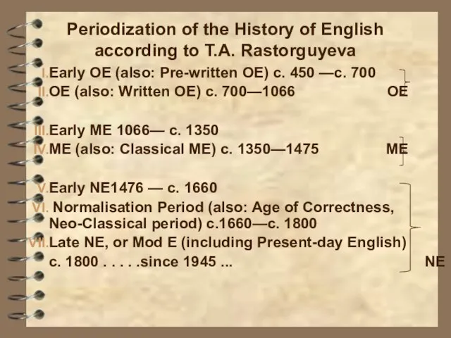 Periodization of the History of English according to T.A. Rastorguyeva Early OE