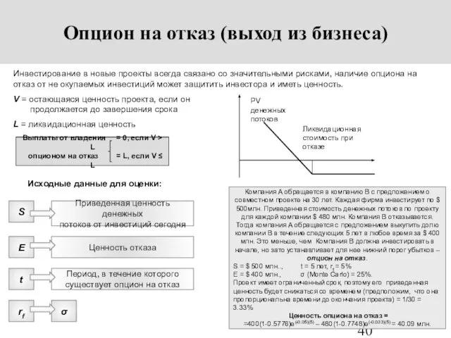 Выплаты от владения = 0, если V > L опционом на отказ