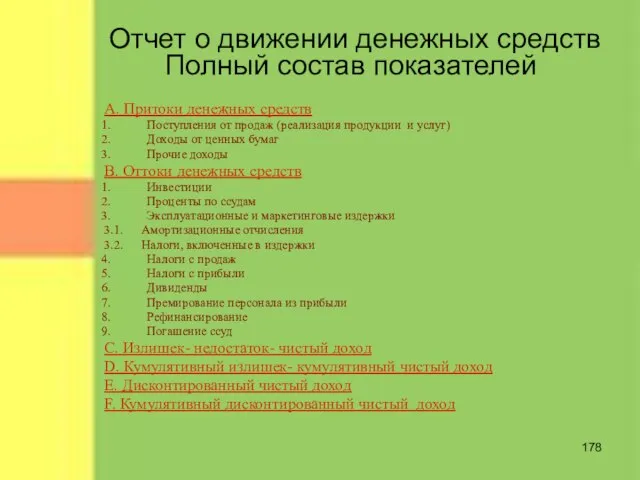 Отчет о движении денежных средств Полный состав показателей А. Притоки денежных средств