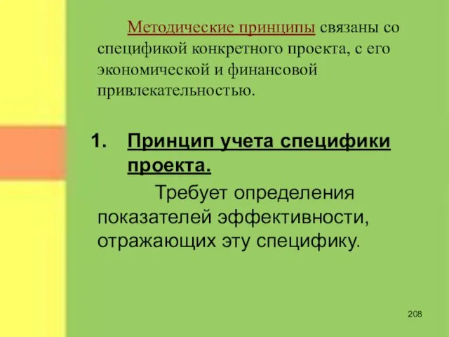 Методические принципы связаны со спецификой конкретного проекта, с его экономической и финансовой