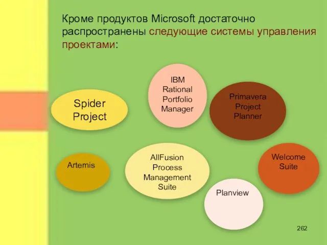 Кроме продуктов Microsoft достаточно распространены следующие системы управления проектами: Spider Project Primavera