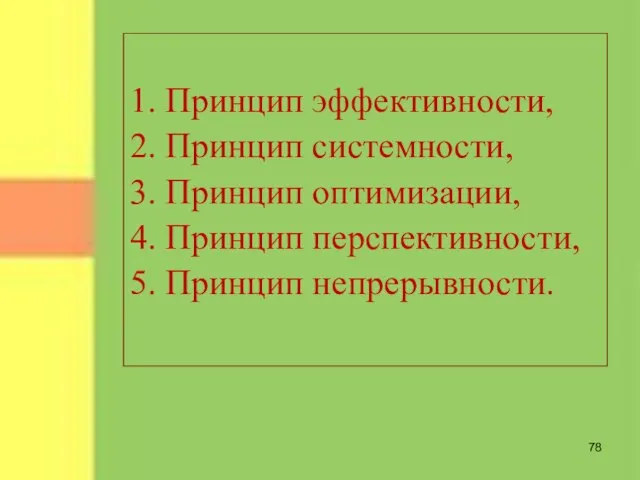 1. Принцип эффективности, 2. Принцип системности, 3. Принцип оптимизации, 4. Принцип перспективности, 5. Принцип непрерывности.