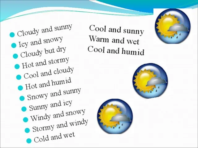 Cloudy and sunny Icy and snowy Cloudy but dry Hot and stormy