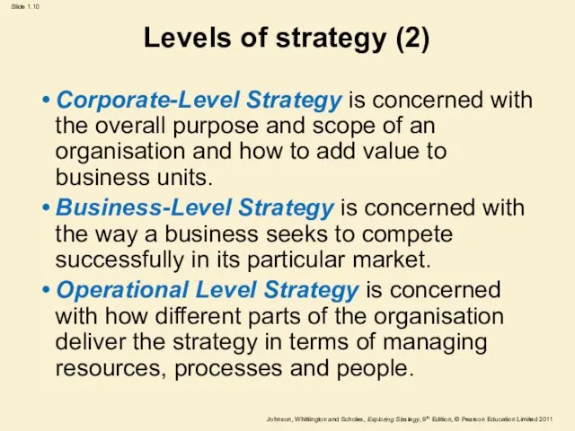 Levels of strategy (2) Corporate-Level Strategy is concerned with the overall purpose